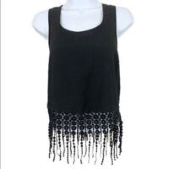 Monteau Black Cropped Tank Top Lace Back Fringe Hem Sleeveless Scoop Neck Size M - Picture 3 of 9